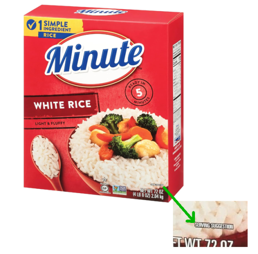 A box of Minute Rice with cover art showing their plain white rice in a bowl, topped with vividly colorful fried chicken and vegetables, below which is a bump-out showing an enlarged section of the box that contains the words, "serving suggestion."