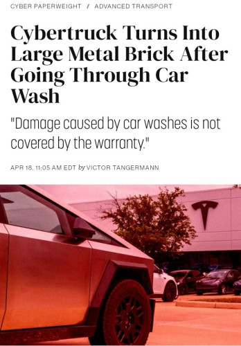 screenshot of a press article saying that a "cybertruck" was damaged by simple carwashing system and that won't be covered by the manufacturer warranty.