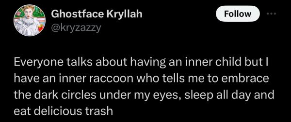 Screenshot of a social post by '@kryzazzy' on the social platform 'X' that says: 'Everyone talks about having an inner child but I have an inner raccoon who tells me to embrace the dark circles underway eyes, sleep all day and eat delicious trash'