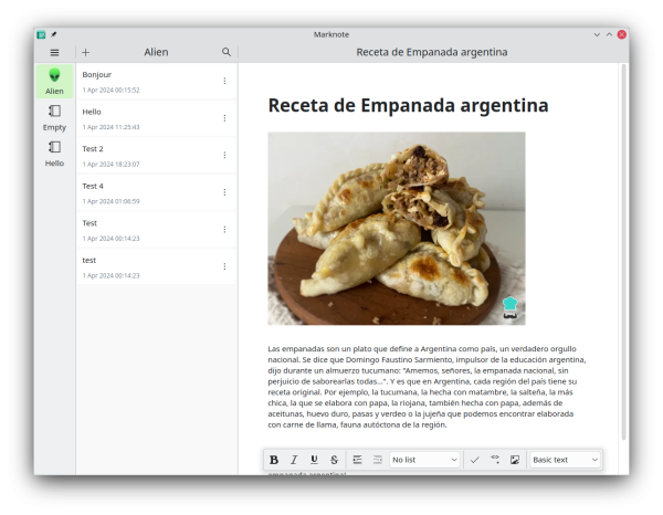 Screenshot of KDE's new Marknote notetaking app showing a recipe of deliciously juicy empanadas argentinas!

Yummy!