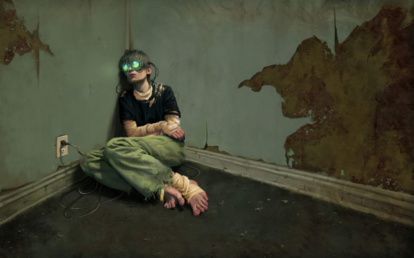 Scifi horror art of a kid in a corner with goggles like the Vision Pro