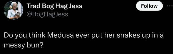 A social post from @BogHagJess on X that says: Do you think Medusa ever put her snakes up in a messy bun? 
