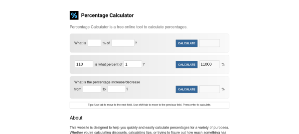 % Percentage Calculator

110 is what percent of 1

11000%
