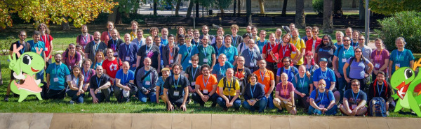 KDE community members in Barcelona with Katie and Konqi.