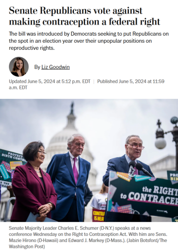 News headline and photo with caption.

Headline: Senate Republicans vote against making contraception a federal right

The bill was introduced by Democrats seeking to put Republicans on the spot in an election year over their unpopular positions on reproductive rights.

By Liz Goodwin
Updated June 5, 2024 at 5:12 p.m. EDT|Published June 5, 2024 at 11:59 a.m. EDT

Photo with caption: 
Senate Majority Leader Charles E. Schumer (D-N.Y.) speaks at a news conference Wednesday on the Right to Contraception Act. With him are Sens. Mazie Hirono (D-Hawaii) and Edward J. Markey (D-Mass.). (Jabin Botsford/The Washington Post)