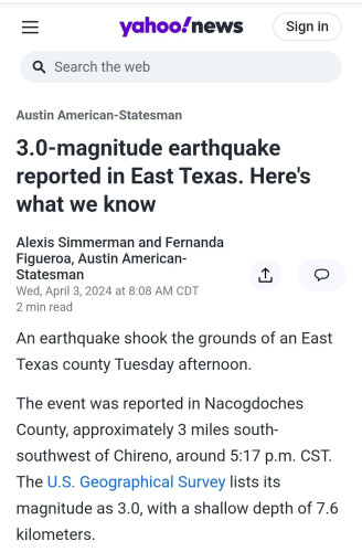 News story about a Texas Earthquake this month.