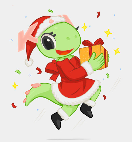 Katie, KDE's pet dragon, dressed as Santa and skipping along carrying a present surrounded by snowflakes, confetti and stars.