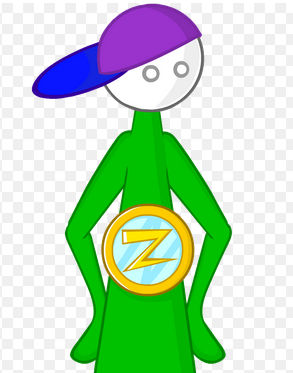An image of the character 'Coach Z' from the webtoon 'Homestar Runner', a green-clothed, lanky, male-presenting character with a blank white face, two grey circles for eyes, and a purple-and-blue baseball cap tilted sideways.  A large gold-and-light-blue medal with a stylized "Z" (or possibly a sideways "N") is prominently displayed on his stomach.