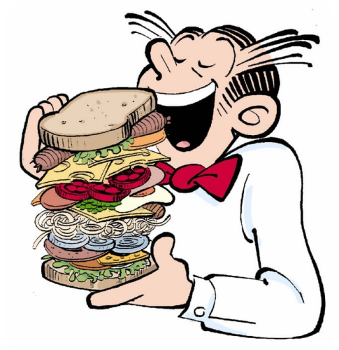 The comic character, Dagwood, eating an uncut sandwich stacked with every item in the fridge.