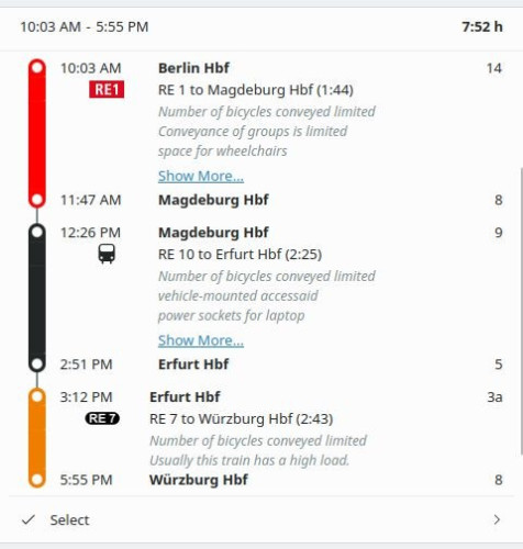 Screenshot of Itinerary, KDE's travel assistant app, that comes with a new bottom navigation bar, a new journey UI, more options to add and edit entries manually and can now share entire trips or individual entries directly via KDE Connect