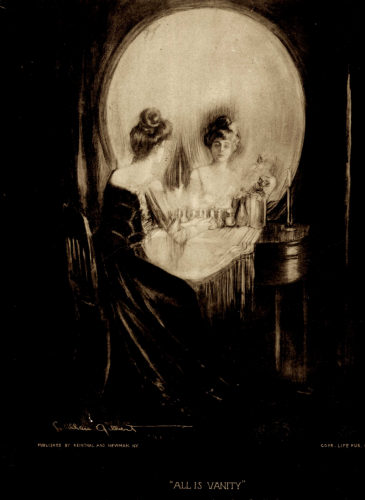 copy of the drawing "All Is Vanity" By Charles Allan Gilbert 

The drawing employs a double image (or visual pun) in which the scene of a woman admiring herself in a mirror of her vanity table, when viewed from a distance, appears to be a human skull. The title is also a pun, as this type of dressing-table is also known as a vanity.