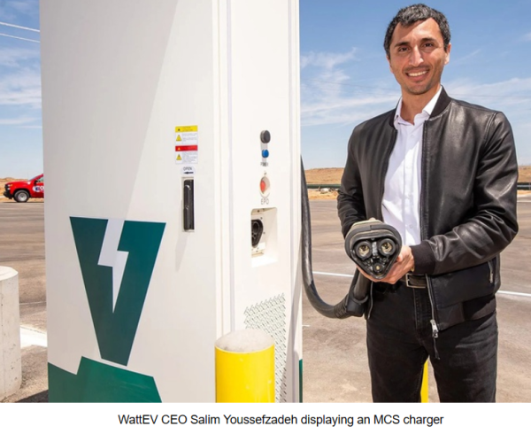  WattEV CEO Salim Youssefzadeh displaying an MCS charger 