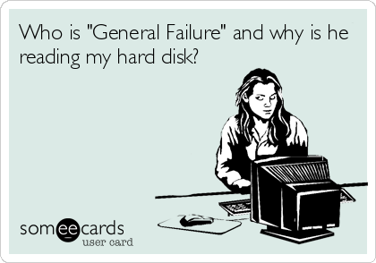 Image generated by some cards, woman sitting in front of a crt monitor, with keyboard and mouse, caption reads: who is "general failure" and why is he reading my hard disk?