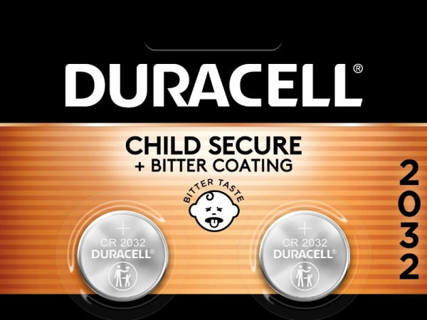 Round, nickle-sized 3V batteries in child-secure two pack by Duracell (bitterant added to surface coating) #yuckFace universal symbol on packaging.
