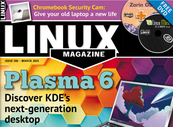 Upper half Linux Magazine's #280 cover. The main headline reads

"Plasma 6 - Discover KDE’s next-generation desktop"