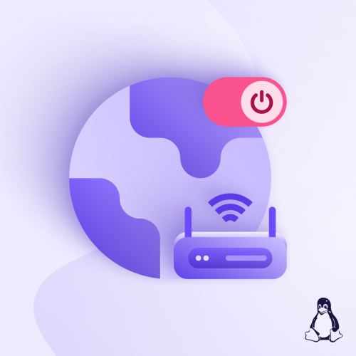 The image of the globe and a router in front of it. In the top right part, there is a toggle button with the turn on/off sign on it. In the bottom left there is the Linux logo. 
