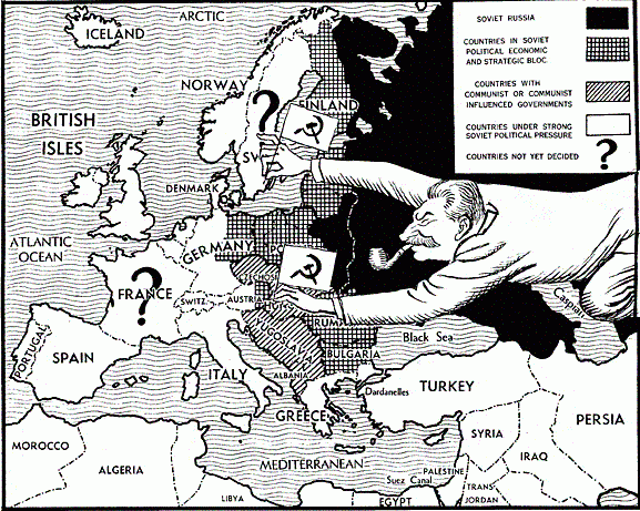 Map of Europe with Stalin reaching out from Russia putting hammer and sickle flags all over, including Sweden, Finland, half of Germany, Poland, Czechoslovakia, Yugoslavia, Albania, Etc. France has a question mark on it.