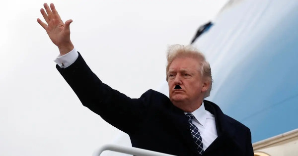 'shopped image of Trump, with a little Hitler moustache, waving off, almost like giving a nazi salute