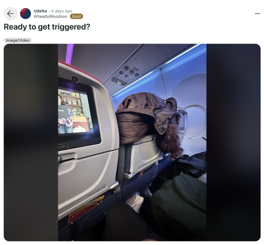 A post from Delta Airlines on reddit showing someone who has put their coat over the back of their chair on a plane.