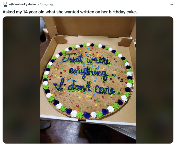 A post from reddit showing a cookie cake with “Just write anything, I don’t care” written on it. The caption is “Asked my 14 year old what she wanted written on her birthday cake…”
