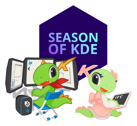 KDE's adorable pet dragons, Konqi and Katie, are working hard at their computers on their SOK projects.