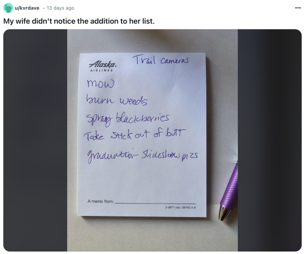 Screenshot of a Reddit post that says: 'My wife didn't notice the addition to her list.' Attached is a photo of a to-do list where the husband snuck in 'Take stick out of butt.'