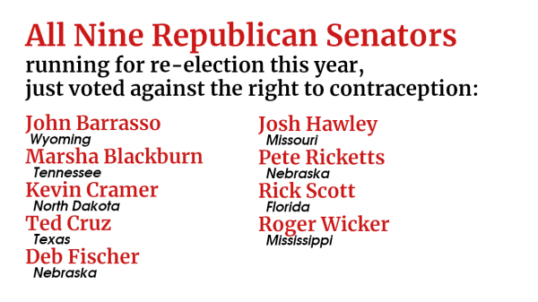 All nine Republican senators running for reelection this year just voted against the right to contraception: 

John Barrasso
Marsha Blackburn
Kevin Cramer
Ted Cruz
Deb Fischer
Josh Hawley
Pete Ricketts
Rick Scott
Roger Wicker