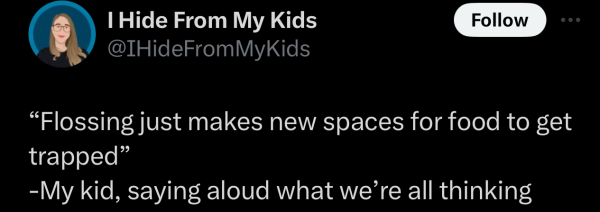 Screenshot of a social post by '@IHideFromMyKids' on the social platform 'X' that says: '“Flossing just makes new spaces for food to get trapped”
-My kid, saying aloud what we’re all thinking'