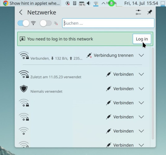 Screencap showing the network list and a button you can press to log into captive networks.