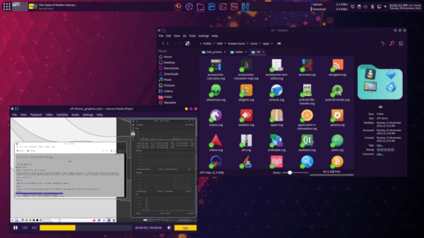 A screenshot of the Plasma desktop using the suave and luscious Shades of Purple theme.