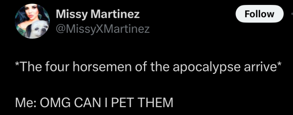 @MissyXMartinez on "X":

*The four horsemen of the apocalypse arrive*

Me: OMG CAN | PET THEM 