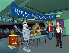 Bender, Leela, and Fry celebrate robonukah on the planet express ship