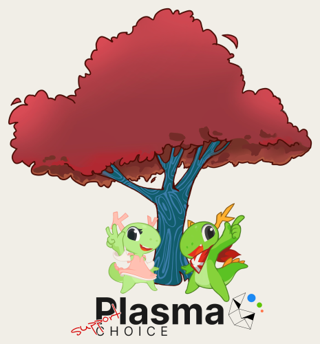 Katie and Konqi stand beside the "red tree" from the official Plasma 6.0 wallpaper. Below you can read a text that says:

"Plasma - Support choice"