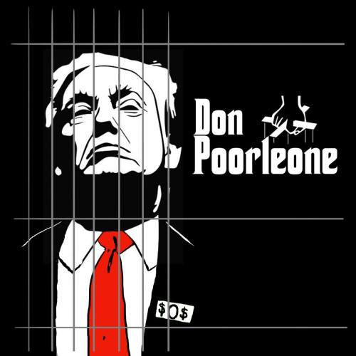 Don Poorleone memepic illustration. Remix of The Godfather movie poster. Don is behind bars, wears a blood-red tie, has a dollar-bill lapel-pin on his suit.