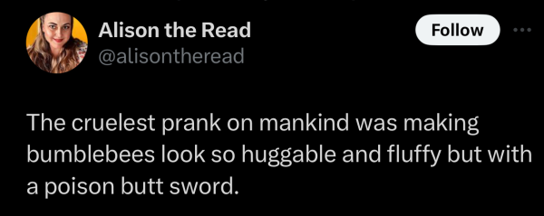 Screenshot of a social post by '@alisontheread' on the social platform 'X' that says: 'The cruelest prank on mankind was making bumblebees look so huggable and fluffy but with a poison butt sword.'