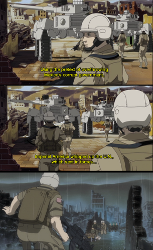 Ghost In The Shell SAC screenshots. UN troops in Mexico.
Text "Using the pretext of overthrowing Mexico's corrupt government, Imperial America whipped up The UN which sent in troops.