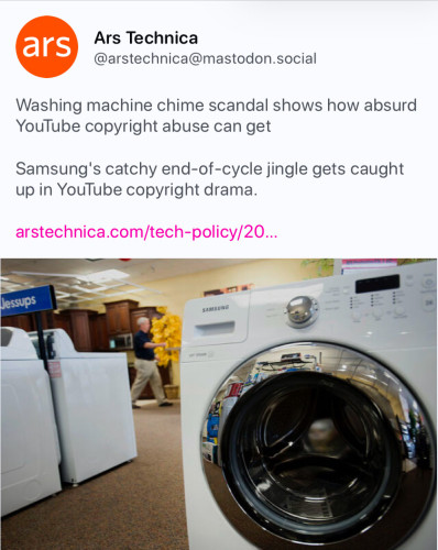 Screenshot of Ars Technica’s post, which contains a photo of a laundry dryer with what is the clearly the face of a wailing ghoul in its door