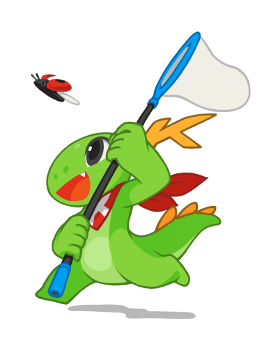 Konqi, KDE's pet dragon, running after a bug with a net.