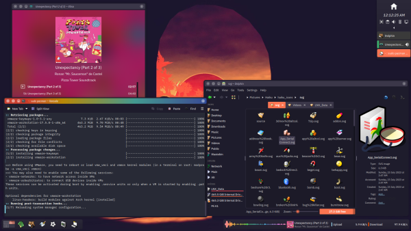 A heavily modified screenshot of KDE's plasma desktop in orange and purple. It looks better, much better, than it sounds, I swear.