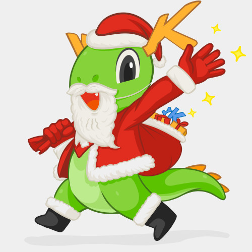 Konqi, KDE's pet dragon, dressed as Santa waving and scurrying along carrying a sack full of presents and KDE goodies.
