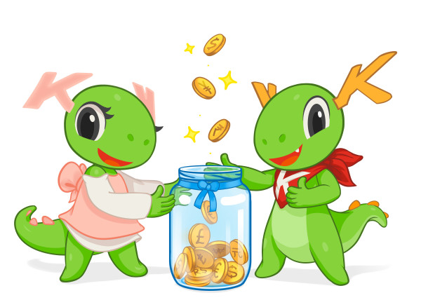 KDE's pet dragons, Katie and Konqi, stand on either side of a jar filling up with gold coins.