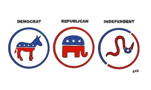Logos of political parties
Democrat: star spangled donkey
Republican: star spangled elephant
Independent: star spangled worm