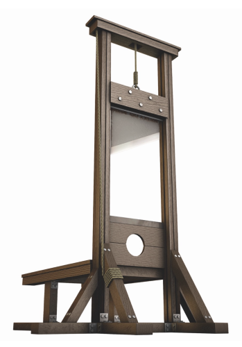 A guillotine nicely made of a dark walnut stained wood. Very large bolt heads showing in the assembly with thick jute ropes and an extremely sharp blade.