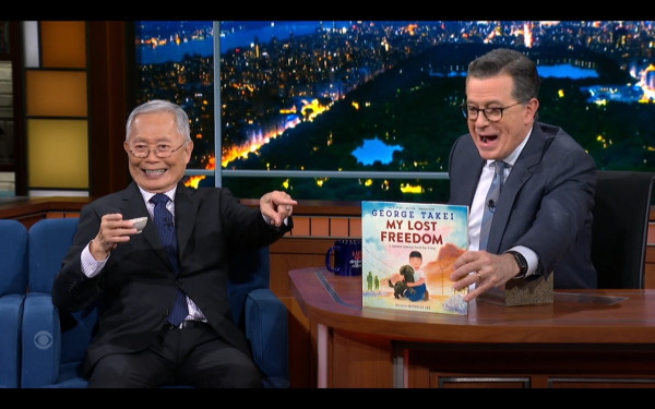 Colbert interviewing George Takei on Tuesday April 16 2024